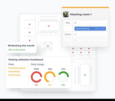 The Clearooms parking booking interface showing a floor plan view alongside a space booking panel.