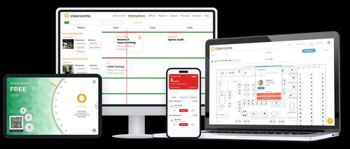 Clearooms on four devices: a meeting room calendar for a senate room and seminar room on a desktop, an interactive desk floor plan on a laptop, a room display screen showing Seminar Room B as free, and a visitor roll call on a mobile.